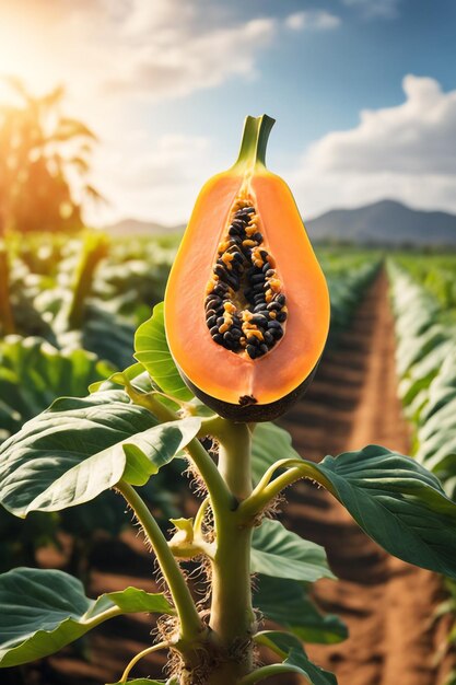 photo shot of a Papaya to a Agricultural Land with a blurred background