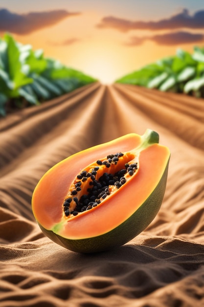 photo shot of a Papaya to a Agricultural Land with a blurred background