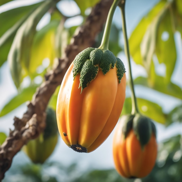 photo shot of a papaya attached to a branch with a blurred background