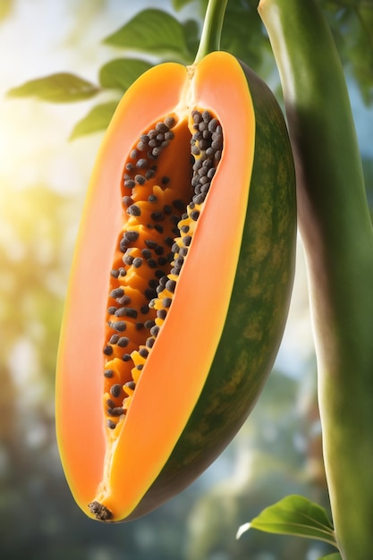 photo shot of a papaya attached to a branch with a blurred background