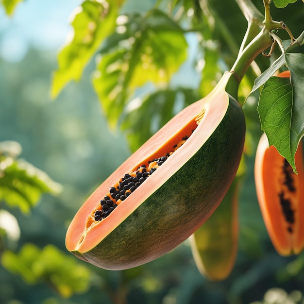 photo shot of a papaya attached to a branch with a blurred background