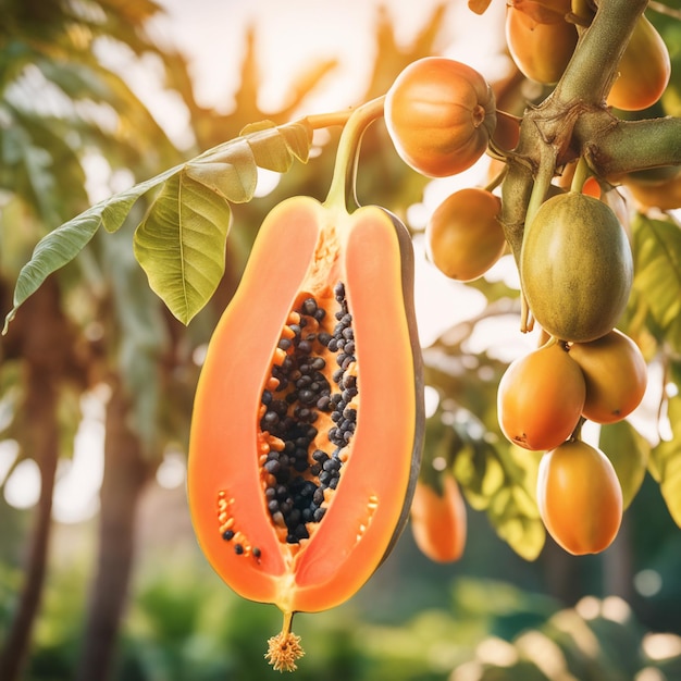 photo shot of a papaya attached to a branch with a blurred background