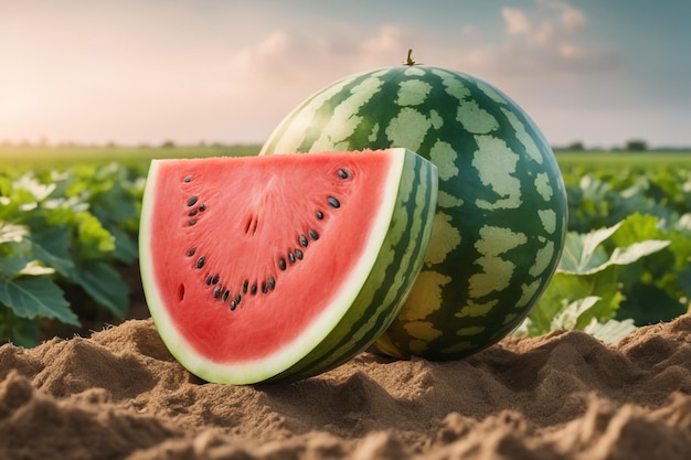 photo shot of a Watermelon attached to a Agricultural Land with a blurred background