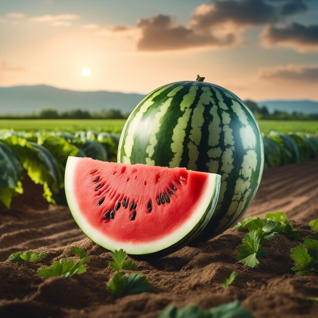 photo shot of a Watermelon attached to a Agricultural Land with a blurred background