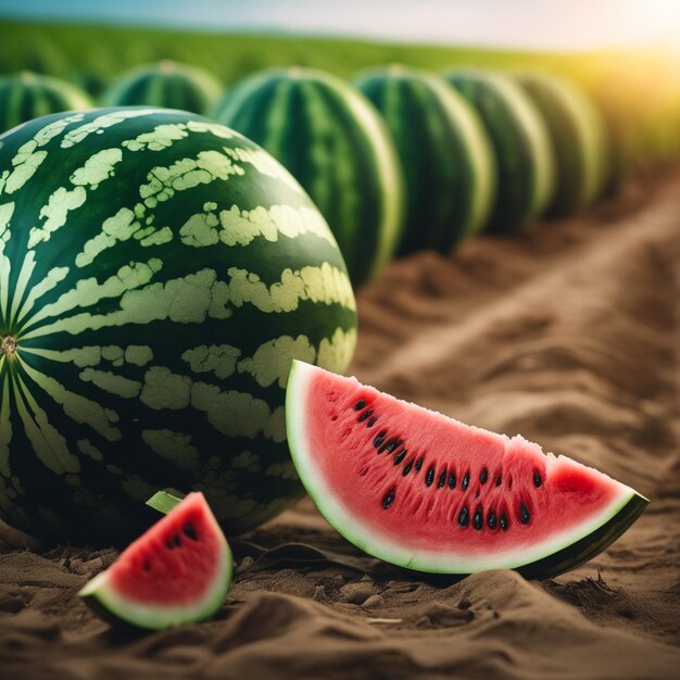 photo shot of a Watermelon attached to a Agricultural Land with a blurred background