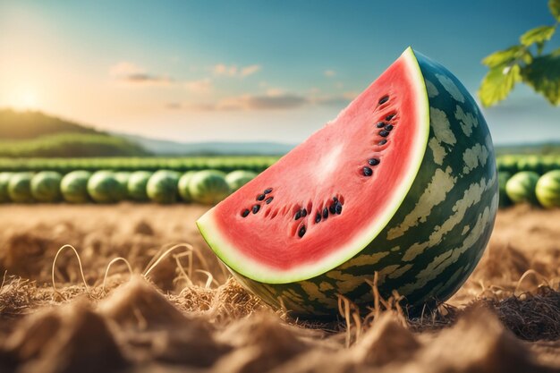 photo shot of a Watermelon attached to a Agricultural Land with a blurred background