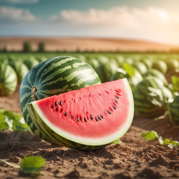 photo shot of a Watermelon attached to a Agricultural Land with a blurred background