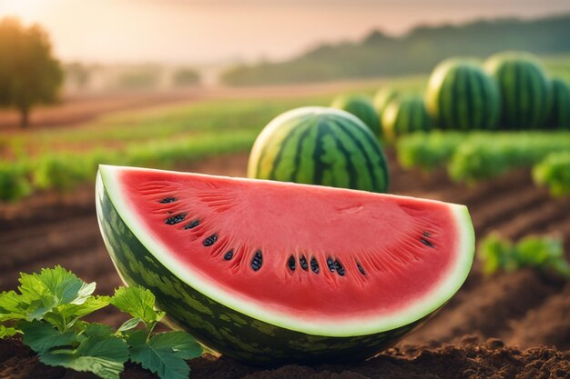 photo shot of a Watermelon attached to a Agricultural Land with a blurred background