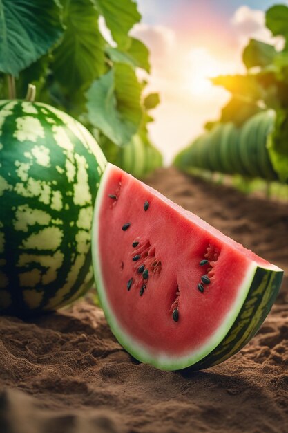 photo shot of a Watermelon attached to a Agricultural Land with a blurred background