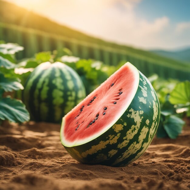 photo shot of a Watermelon attached to a Agricultural Land with a blurred background