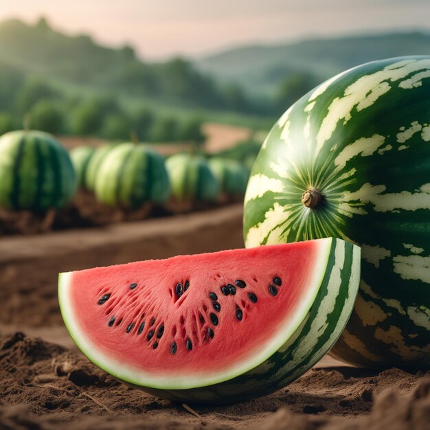 photo shot of a Watermelon attached to a Agricultural Land with a blurred background