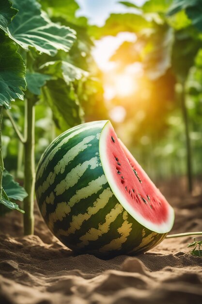 photo shot of a Watermelon attached to a Agricultural Land with a blurred background