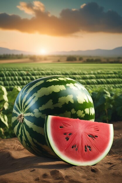 photo shot of a Watermelon attached to a Agricultural Land with a blurred background