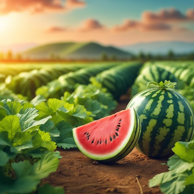 photo shot of a Watermelon attached to a Agricultural Land with a blurred background