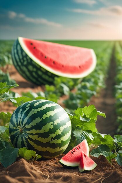 photo shot of a Watermelon attached to a Agricultural Land with a blurred background