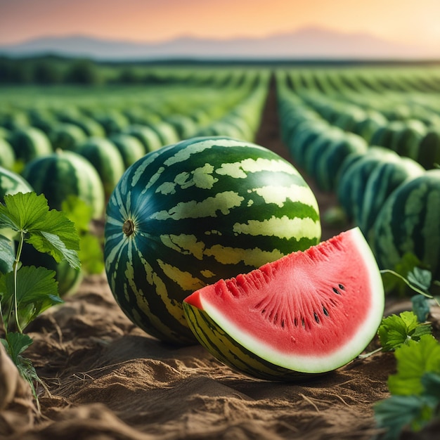 photo shot of a Watermelon attached to a Agricultural Land with a blurred background