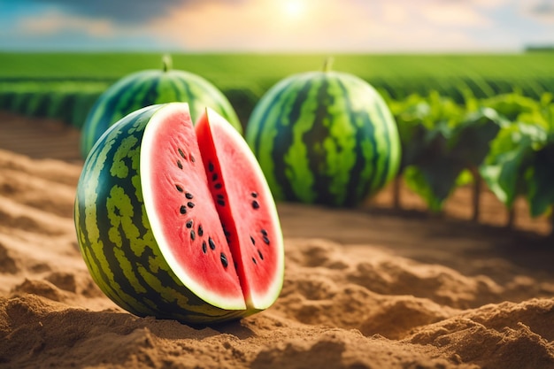 photo shot of a Watermelon attached to a Agricultural Land with a blurred background