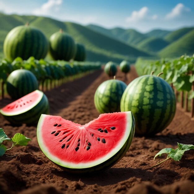 photo shot of a Watermelon attached to a Agricultural Land with a blurred background