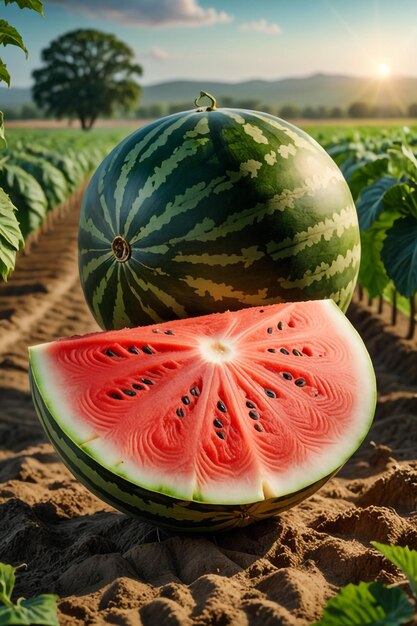 photo shot of a Watermelon attached to a Agricultural Land with a blurred background