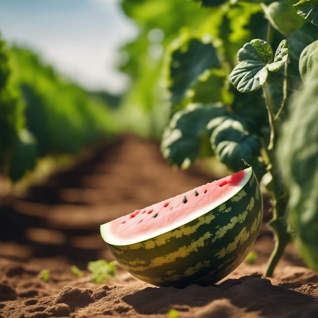 photo shot of a Watermelon attached to a Agricultural Land with a blurred background