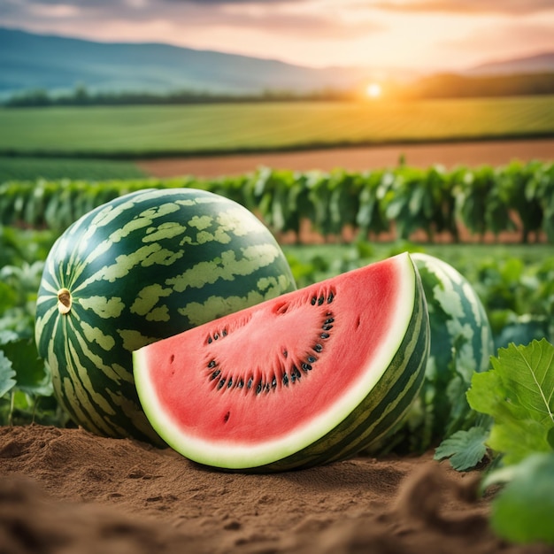 photo shot of a Watermelon attached to a Agricultural Land with a blurred background