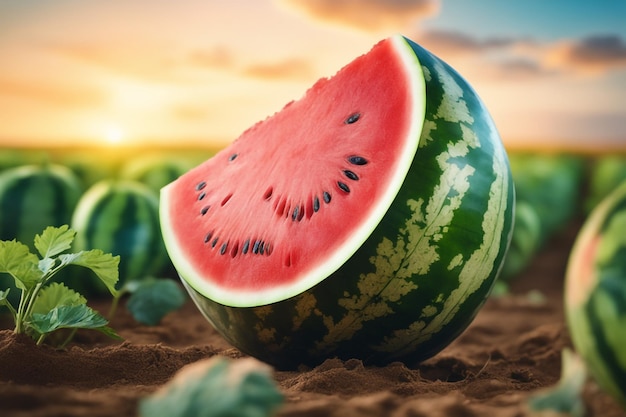 photo shot of a Watermelon attached to a Agricultural Land with a blurred background