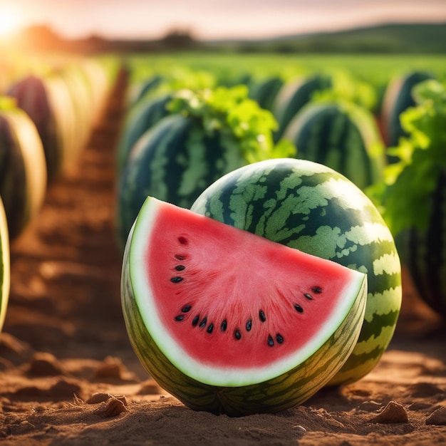 photo shot of a Watermelon attached to a Agricultural Land with a blurred background