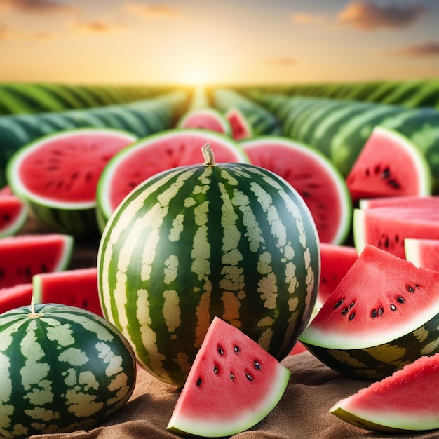 photo shot of a Watermelon attached to a Agricultural Land with a blurred background