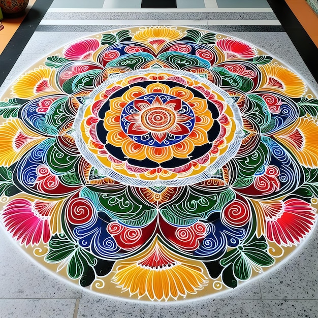 A photo showcases the intricate patterns of Kolam rangoli designs drawn in front of homes during f