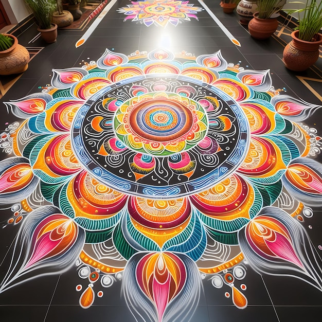 A photo showcases the intricate patterns of Kolam rangoli designs drawn in front of homes during f