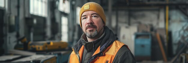 A photo showcases a janitor in work attire confidently looking at camera reflecting competence