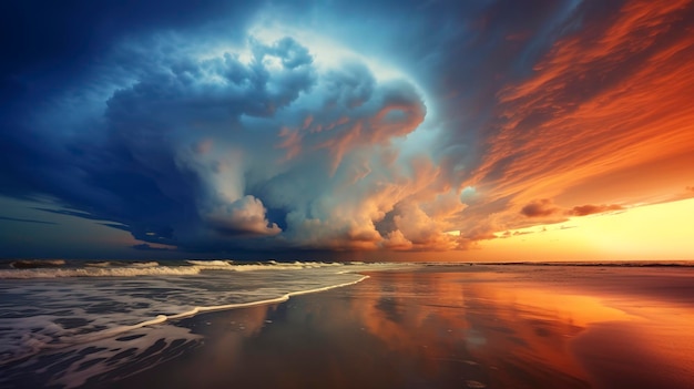 A Photo showcasing the dramatic colors and cloud formations of a beach sunset storm