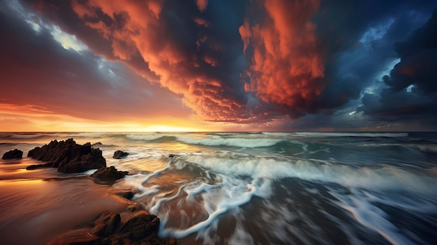 A Photo showcasing the dramatic colors and cloud formations of a beach sunset storm