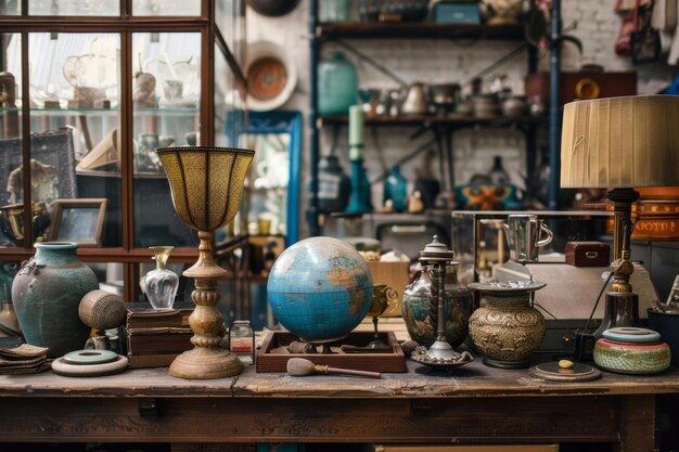 Photo a photo showcasing an eclectic mix of vintage items arranged on a table