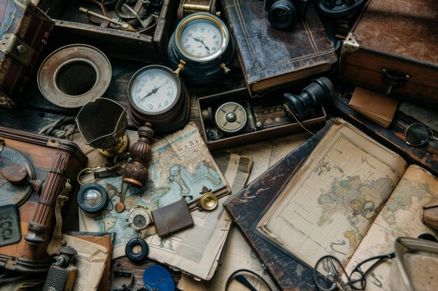 Photo a photo showcasing an eclectic mix of vintage items arranged on a table