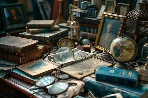 A photo showcasing an eclectic mix of vintage items arranged on a table