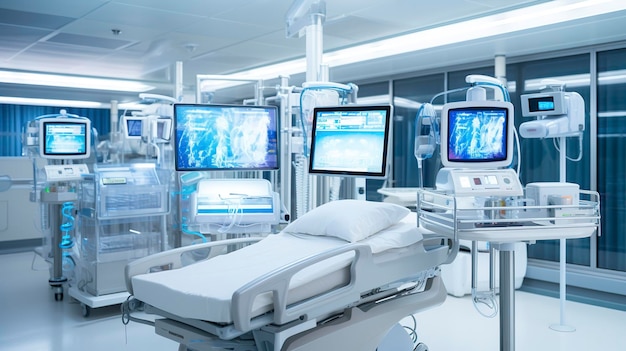 A photo showcasing essential hospital equipment like IV stands and monitors