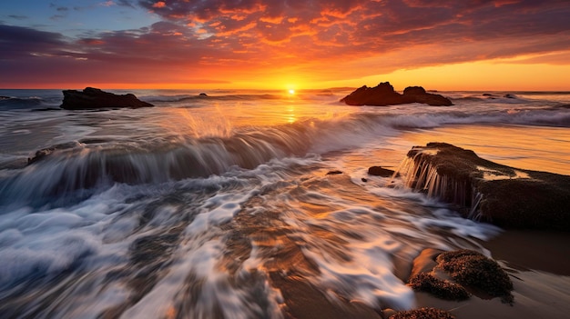 A Photo showcasing the gentle ebb and flow of the tide during a serene beach sunset