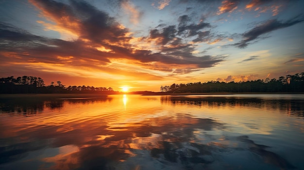 A Photo showcasing the golden hues of a beach sunset reflecting on the calm waters of a lagoon