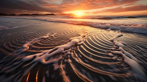 A Photo showcasing the intricate patterns created by the waves during a beach sunset