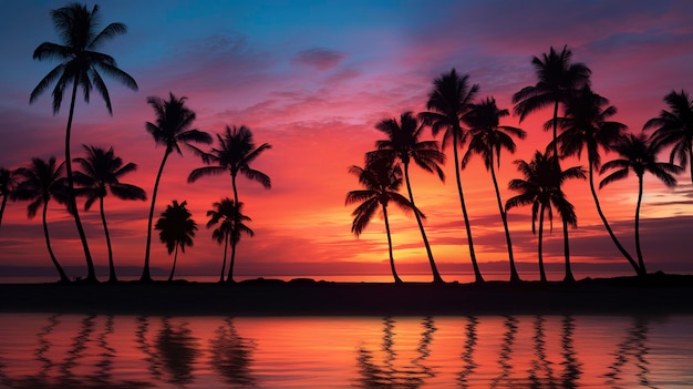 A Photo showcasing the silhouettes of palm trees against a colorful beach sunset