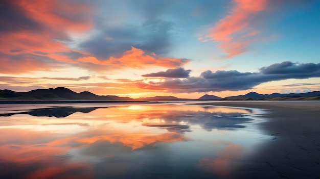 A Photo showcasing the tranquil beauty of a beach sunset as the waves gently lap against the shore