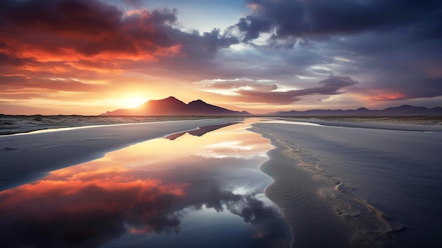 A Photo showcasing the tranquil beauty of a beach sunset as the waves gently lap against the shore