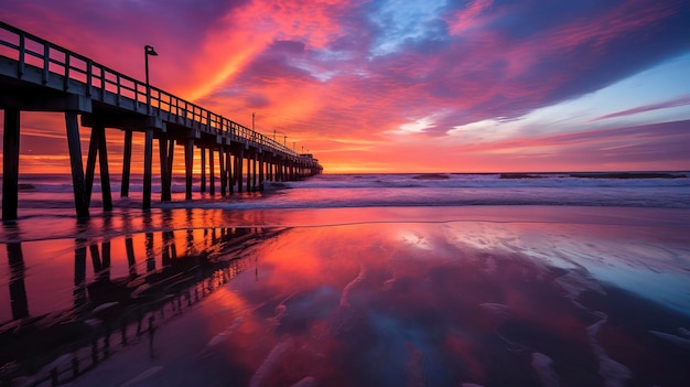 A Photo showcasing the vibrant colors of a beach sunset reflected on a wet pier