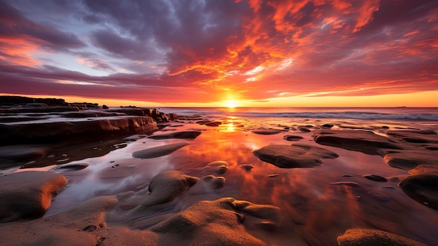 A Photo showcasing the warm colors of a beach sunset reflected on a tranquil bay