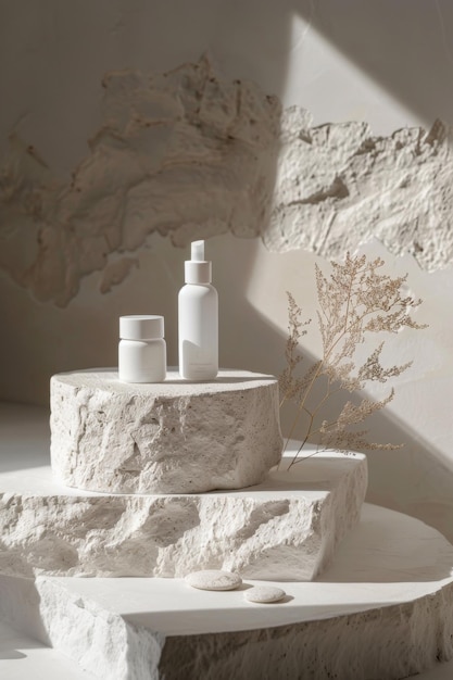 photo showcasing white pieces of stone slabs meticulously arranged to form a product podium