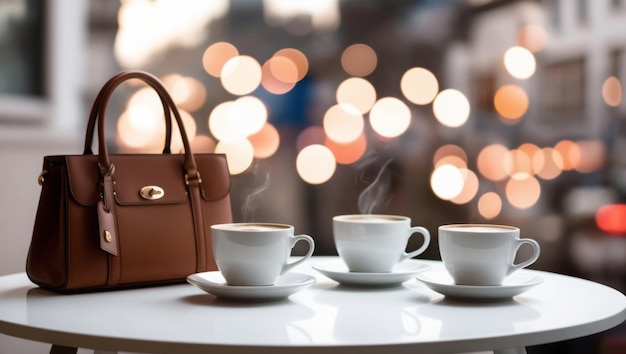 photo showing two coffee cups and a woman39s handbag placed on a white table