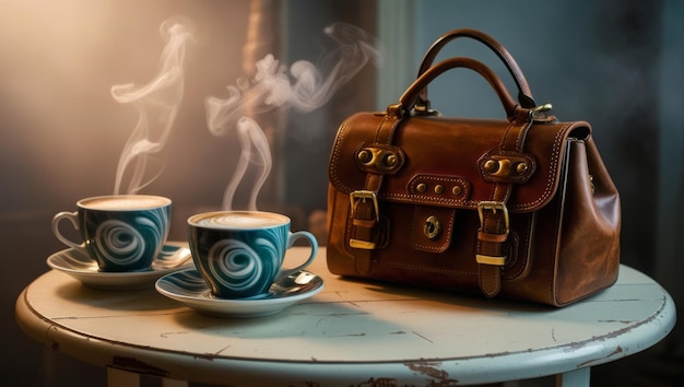 photo showing two coffee cups and a woman39s handbag placed on a white table