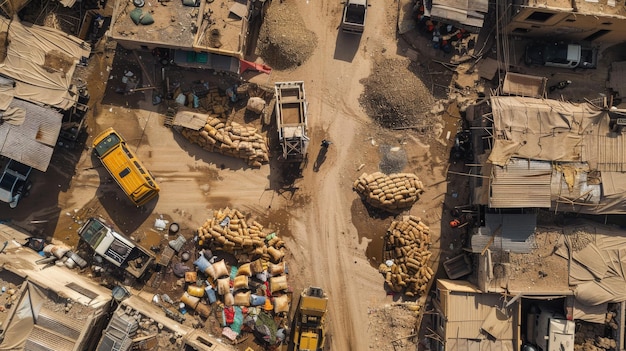 The photo shows an aerial view of a landfill There are many piles of garbage and construction debris and several trucks are driving around The scene is chaotic and dirty