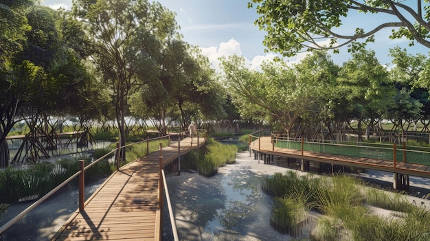 The photo shows a beautiful park with a wooden bridge over a small river